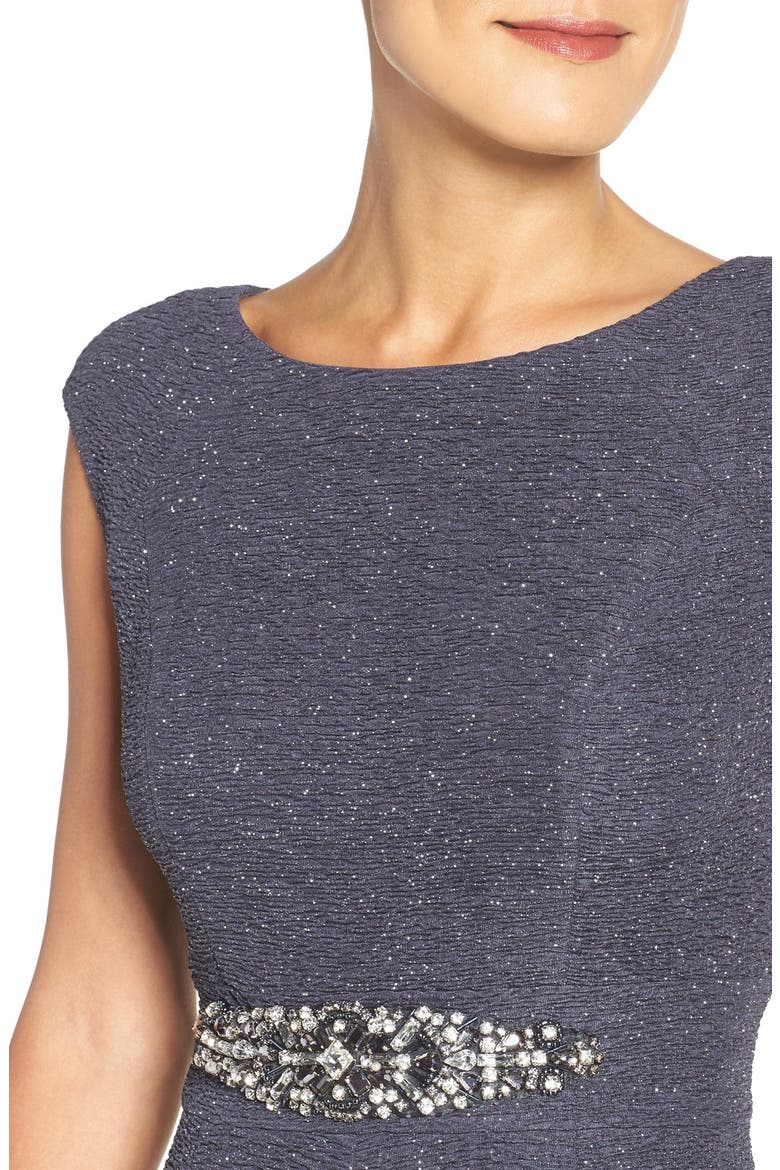 Embellished Glitter Knit Fit & Flare Dress, Alternate, color, STEEL