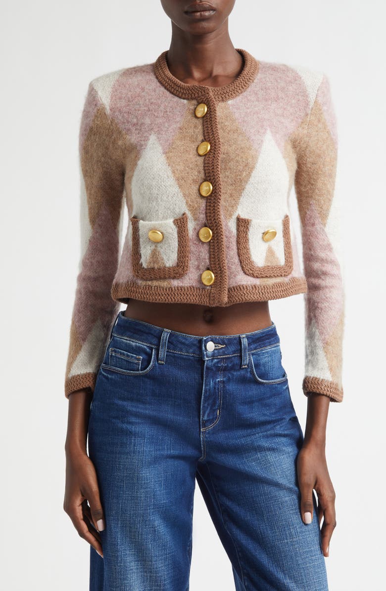 L'AGENCE Siobhan Argyle Crop Cardigan, Main, color, Natural/ Mauve Multi Argyle