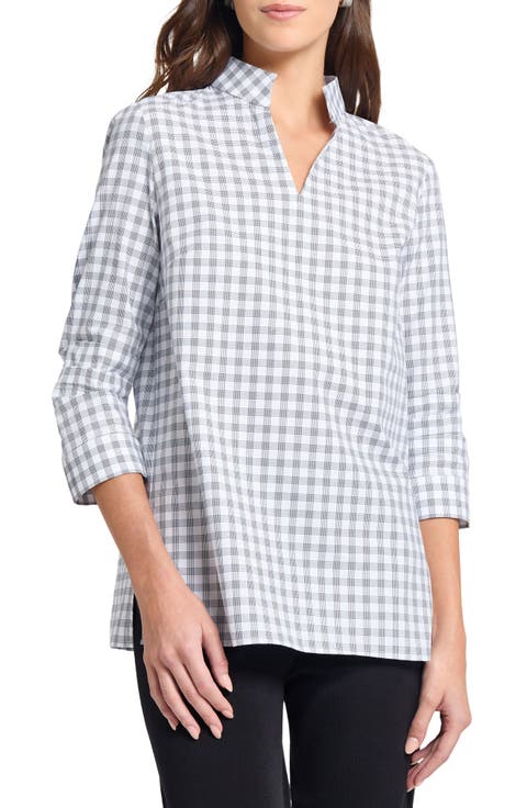 Gingham Check Cotton Stand Collar Tunic