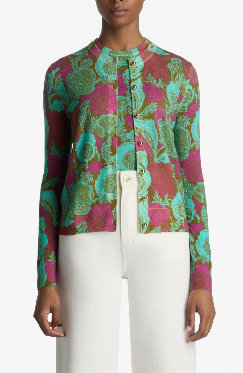 ST. JOHN California Poppy Pattern Merino Wool Cardigan, Main, color, 