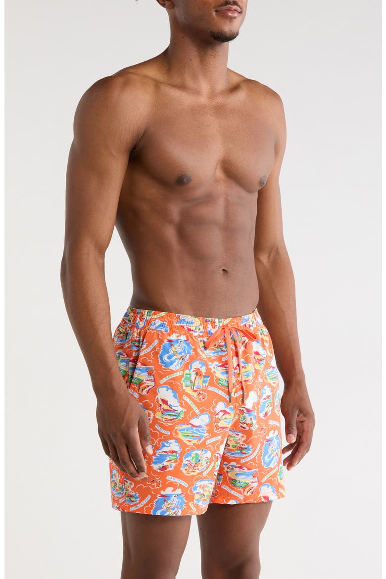 The Bungalow Print Swim Trunks, Alternate, color, RED COTE D AZURE