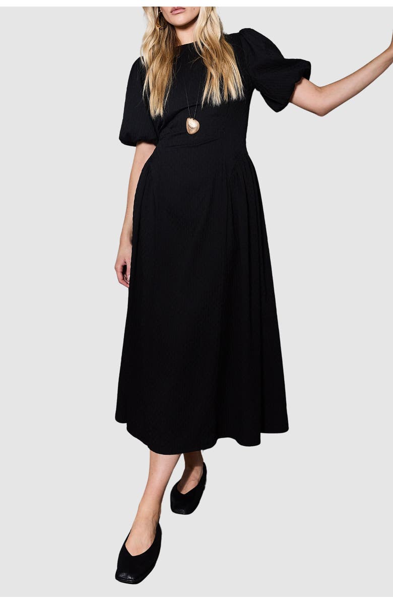 Warehouse Seersucker Puff Sleeve Midi Dress, Alternate, color, Black