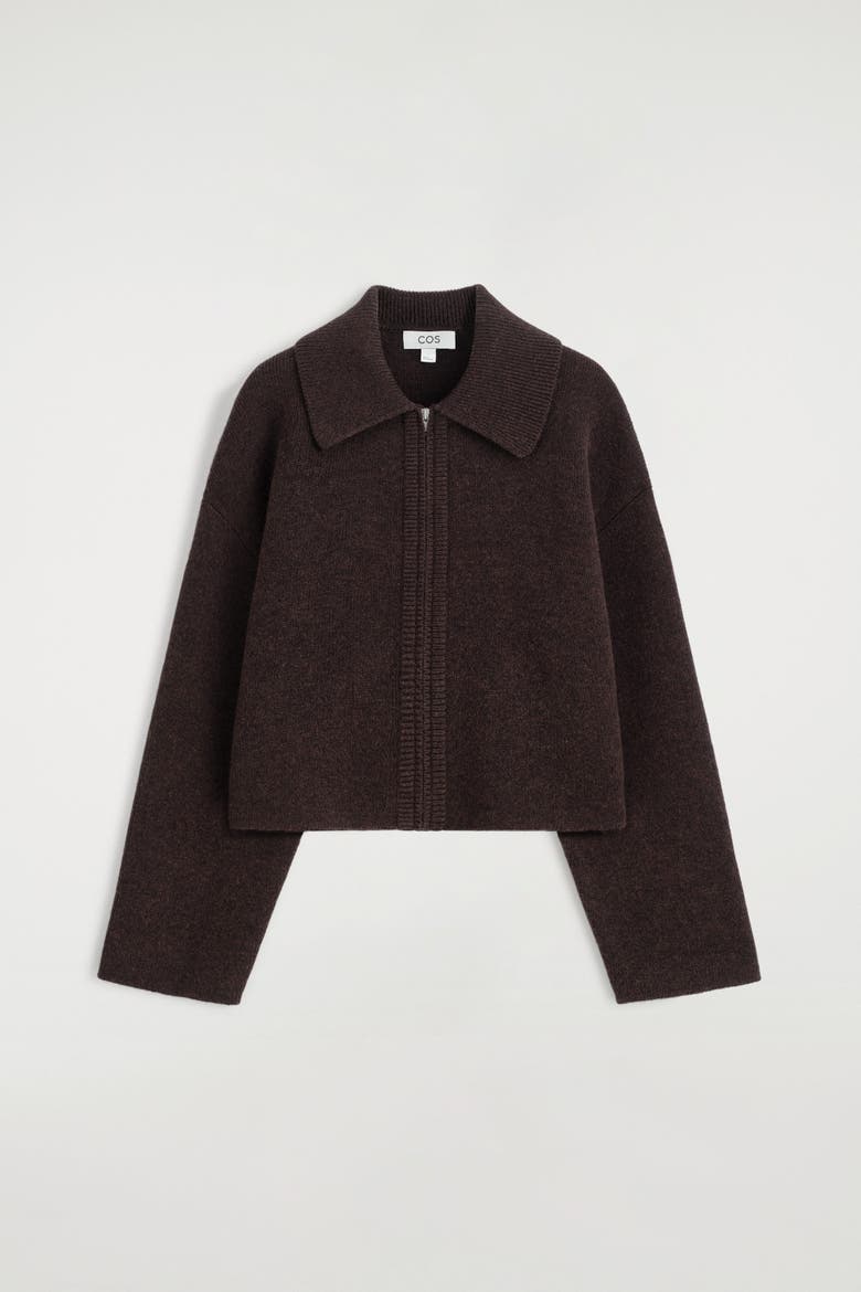 Cropped Knitted Merino Wool Jacket, Alternate, color, DARK-BROWN MÉLANGE