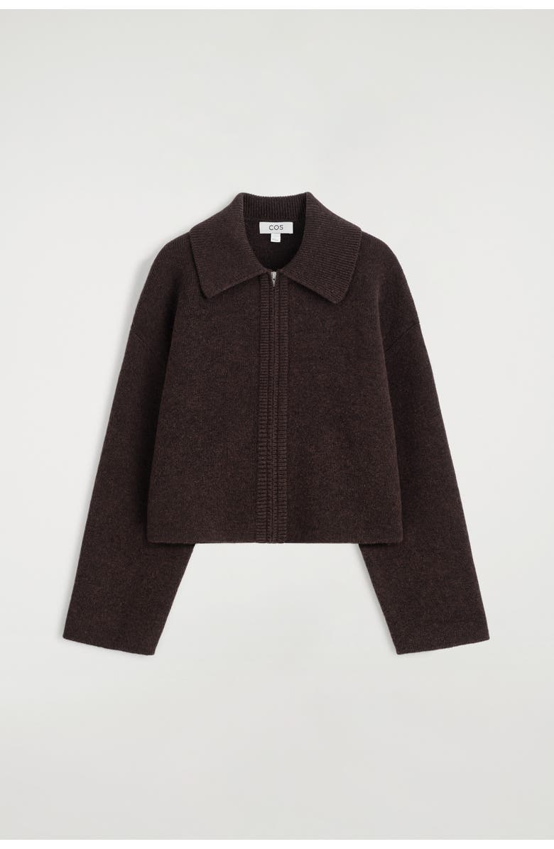 COS Cropped Knitted Merino Wool Jacket, Alternate, color, Dark-Brown Mélange