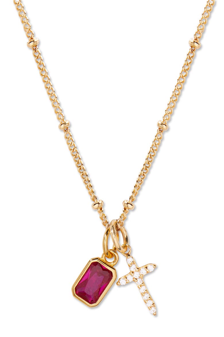 Josephine Cross & Birthstone Pendant Necklace, Main, color, GOLD JULY