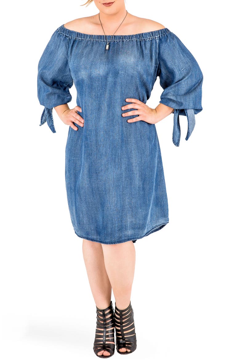 Julie Off the Shoulder Denim Dress, Alternate, color, FROZEN POND