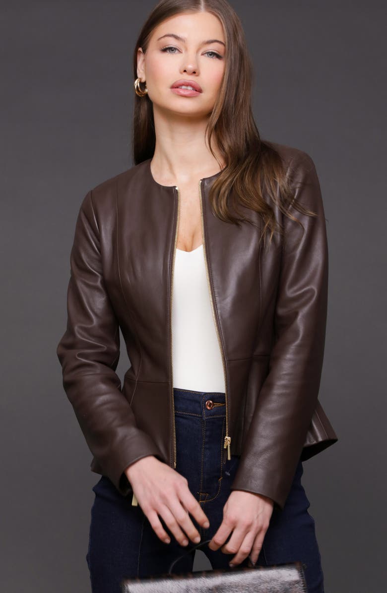 Bagatelle Genuine Leather Zip Front Peplum Jacket, Alternate, color, Chocolate