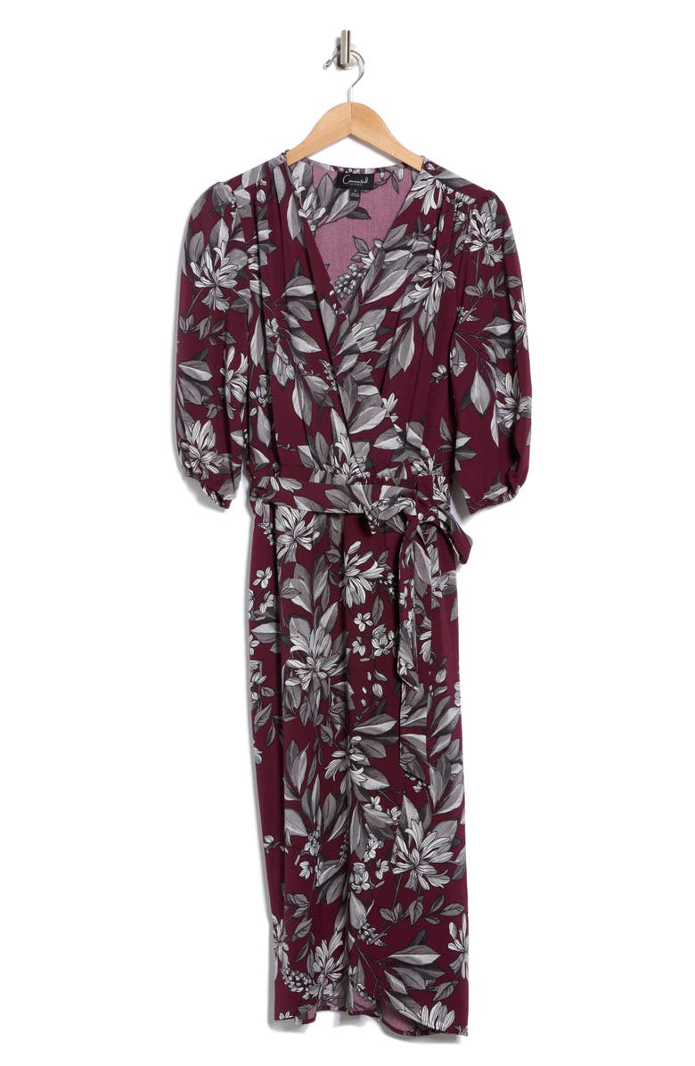 Connected Apparel Floral Wrap Midi Dress, Alternate, color, Bordeaux