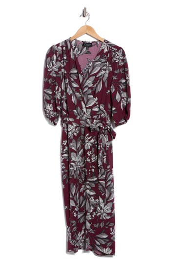 Connected Apparel Floral Wrap Midi Dress In Burgundy