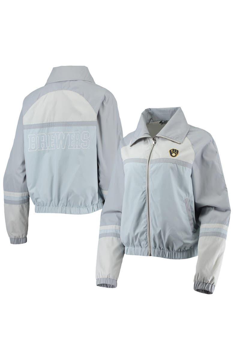 THE WILD COLLECTIVE Women's The Wild Collective Navy Milwaukee Brewers Colorblock Track Raglan Full-Zip Jacket, Main, color, Light Blue