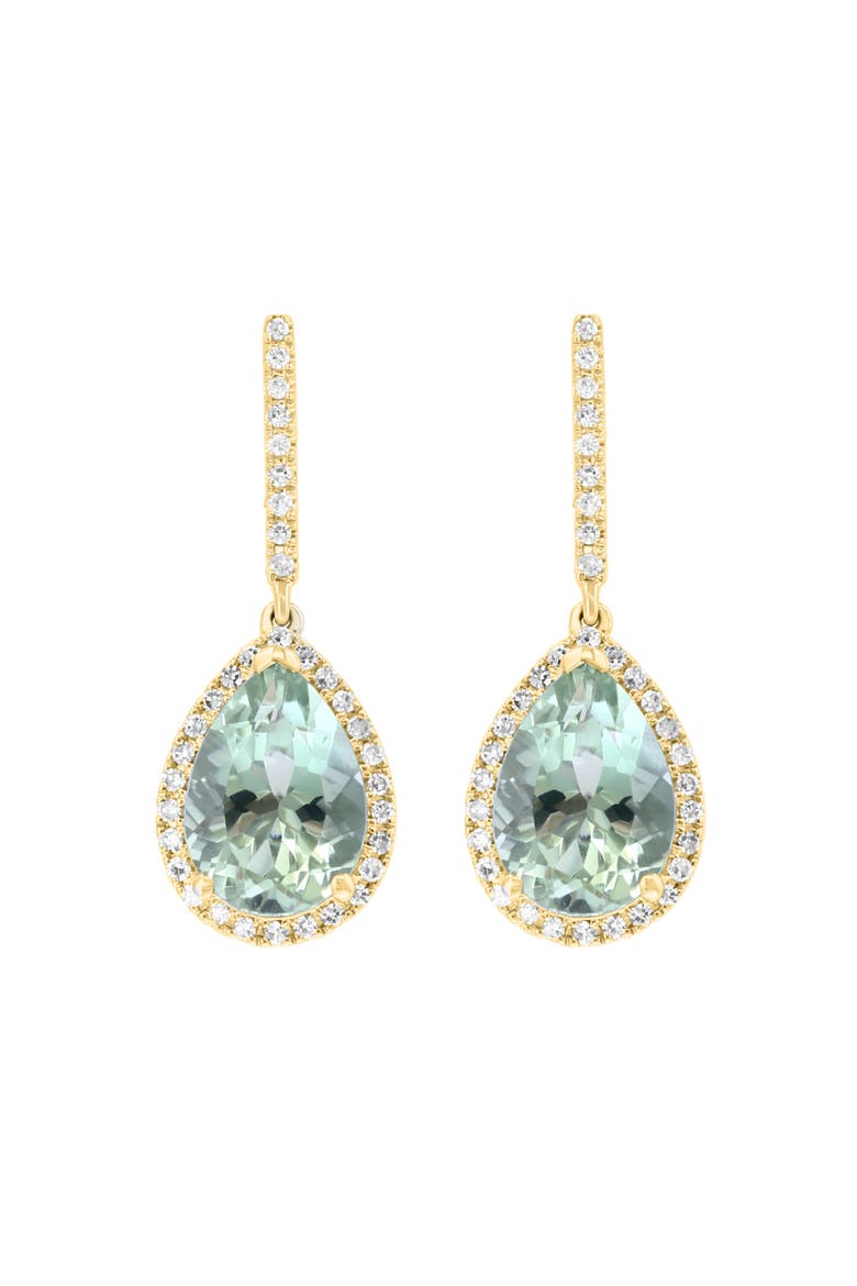 14K Yellow Gold Green Amethyst & Diamond Halo Drop Earrings, Main, color, 14K Gold