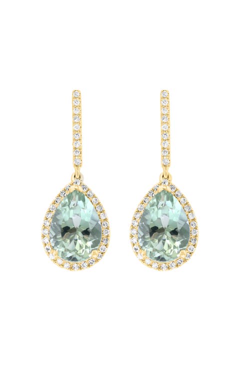 14K Yellow Gold Green Amethyst & Diamond Halo Drop Earrings