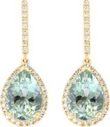 EFFY 14K Yellow Gold Green Amethyst & Diamond Halo Drop Earrings