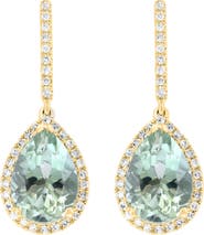 EFFY 14K Yellow Gold Green Amethyst & Diamond Halo Drop Earrings
