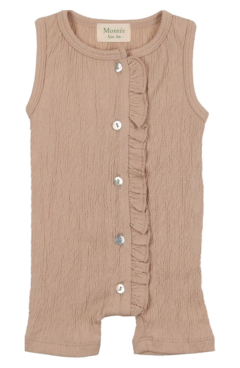 Manière Ruffle Trim Romper, Main, color, Brown