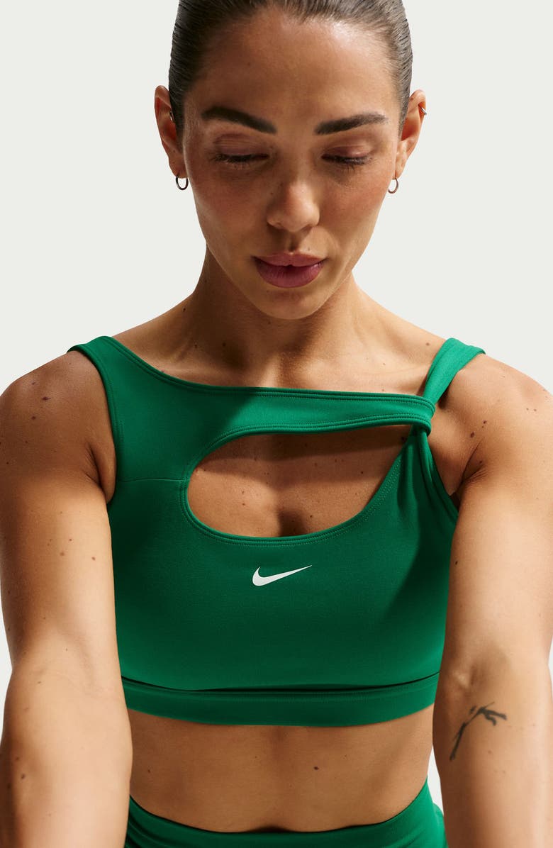 Nike Capsule Asymmetric Sports Bra, Alternate, color, Malachite/ White