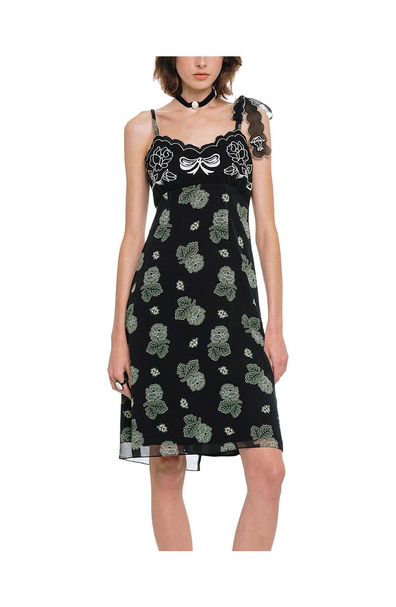 Anna Sui Ribbon Handkerchief Satin Print Dress, Main, color, Black