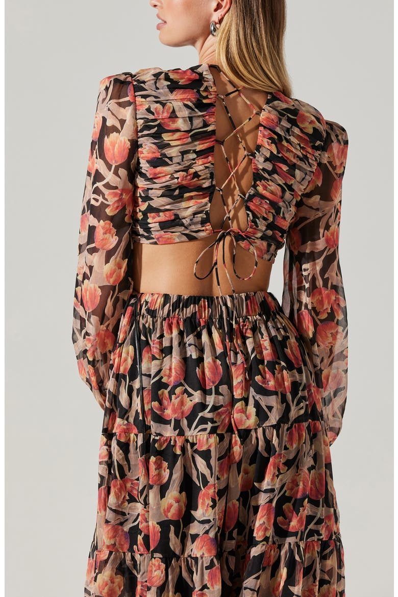 Floral Print Lace-Up Back Long Sleeve Tiered Maxi Dress, Alternate, color, ORANGE BLACK FLORAL