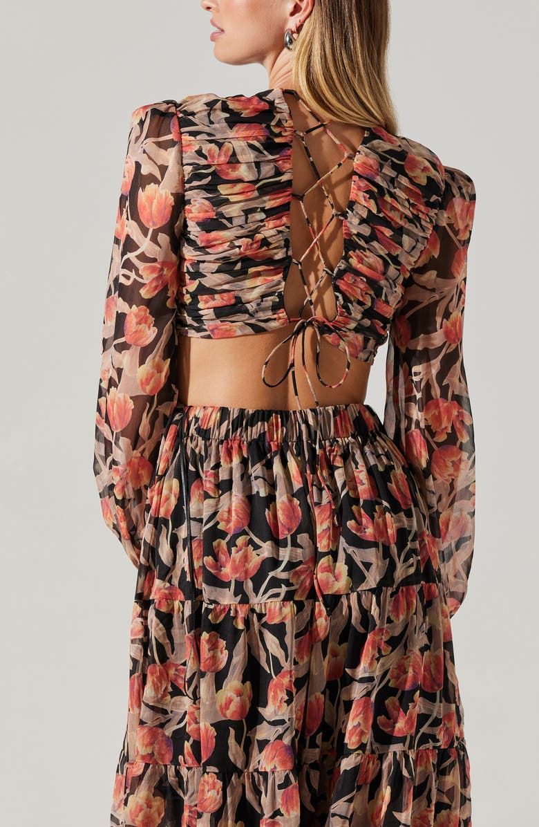 ASTR the Label Floral Print Lace-Up Back Long Sleeve Tiered Maxi Dress, Alternate, color, 