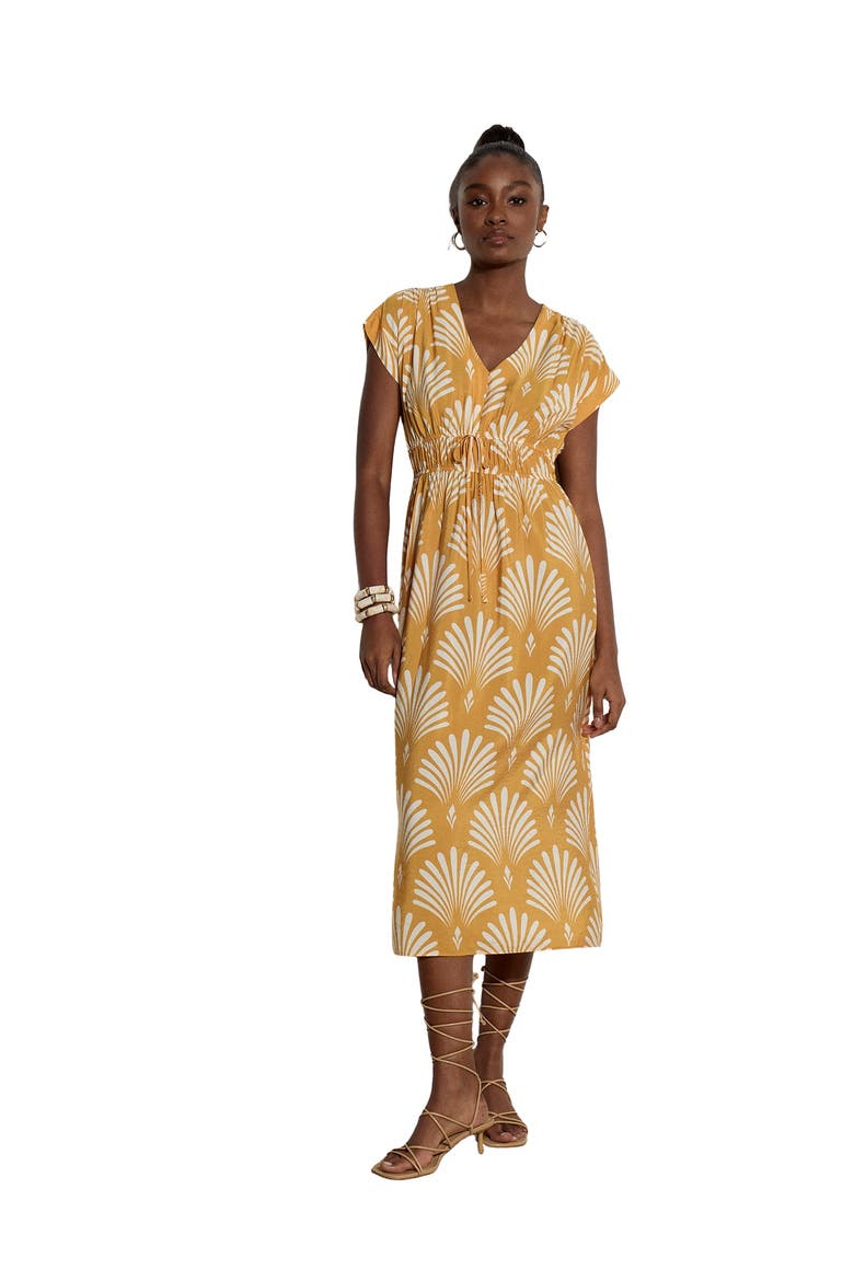 Palm Geo Smock Waist Dress, Main, color, Mustard