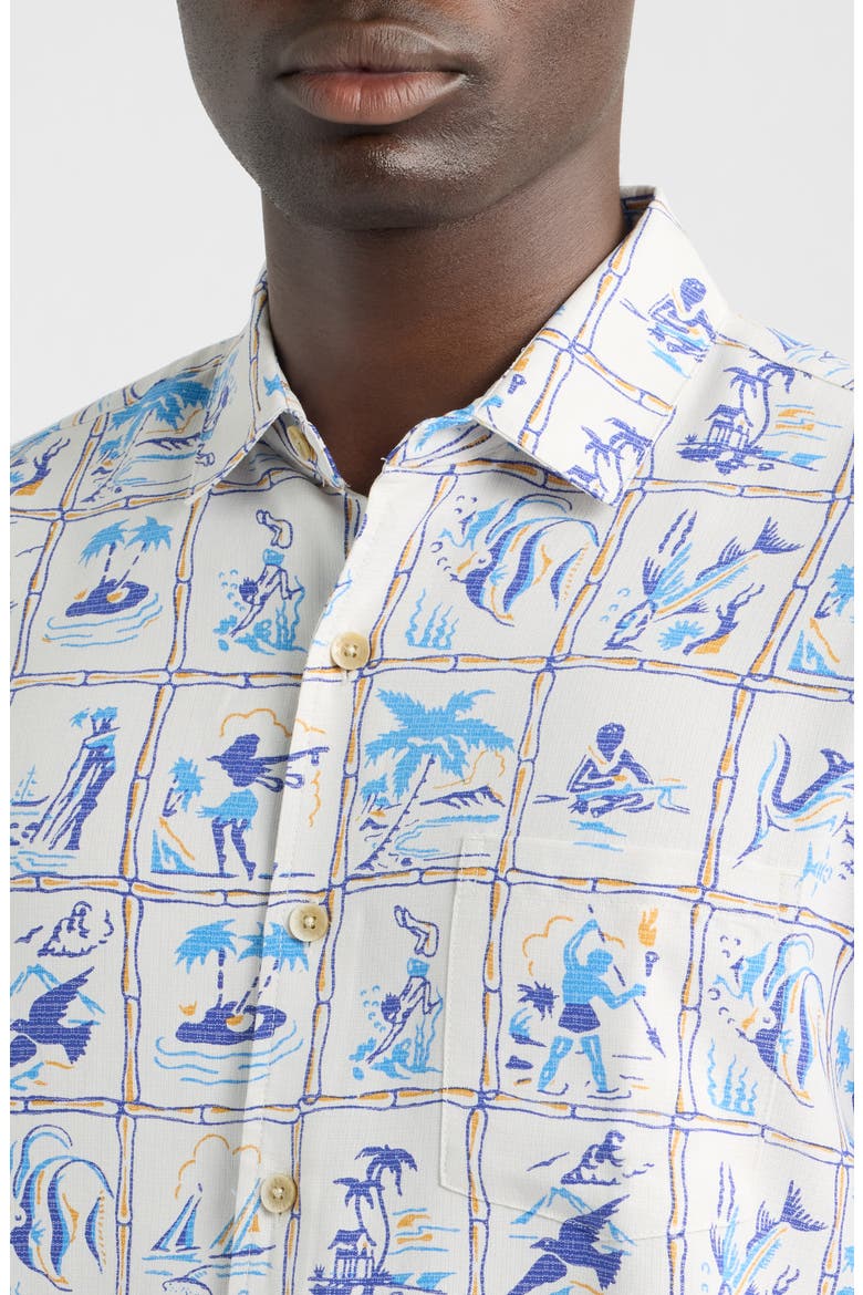 Island Scenes Short Sleeve Button-Up Shirt, Alternate, color, OFF WHITE