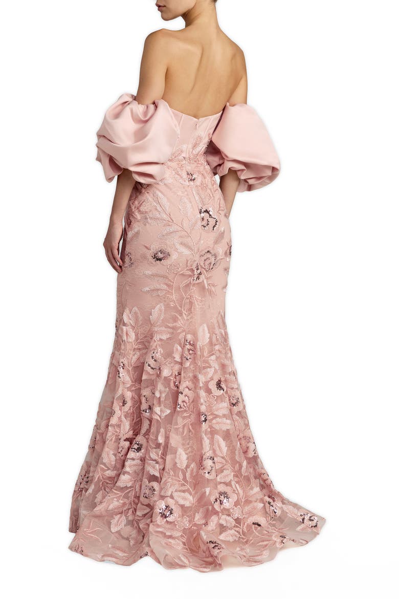 Satin Off The Shoulder Embroidered Mermaid Gown, Alternate, color, Rose