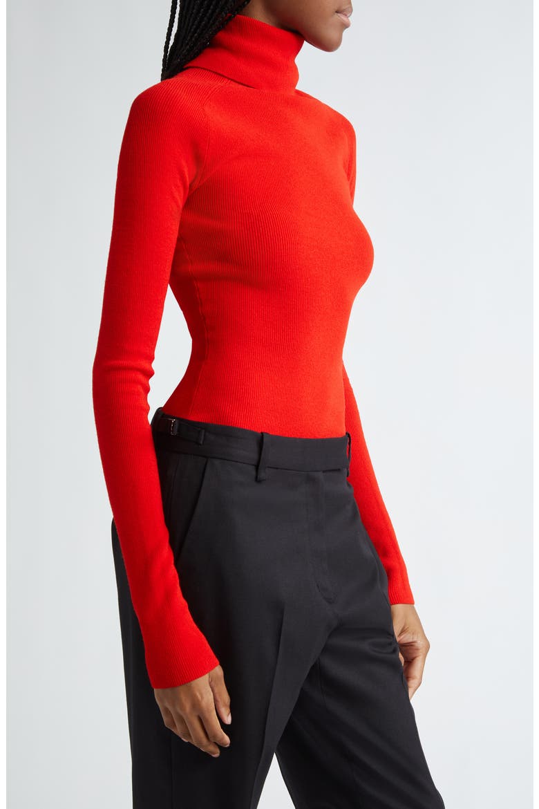 Fox Longline Logo Rib Turtleneck Top, Alternate, color, RED
