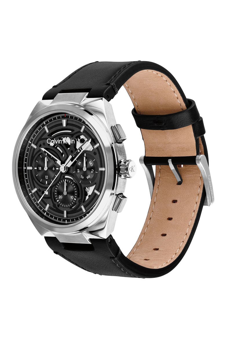 Distinguish Skeleton Leather Strap Watch, 44mm, Alternate, color, BLACK