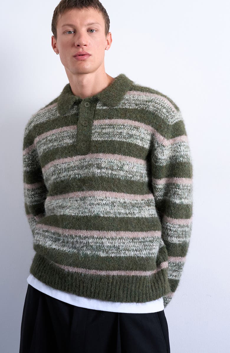 Topman Relaxed Fit Stripe Polo, Main, color, Green Khaki