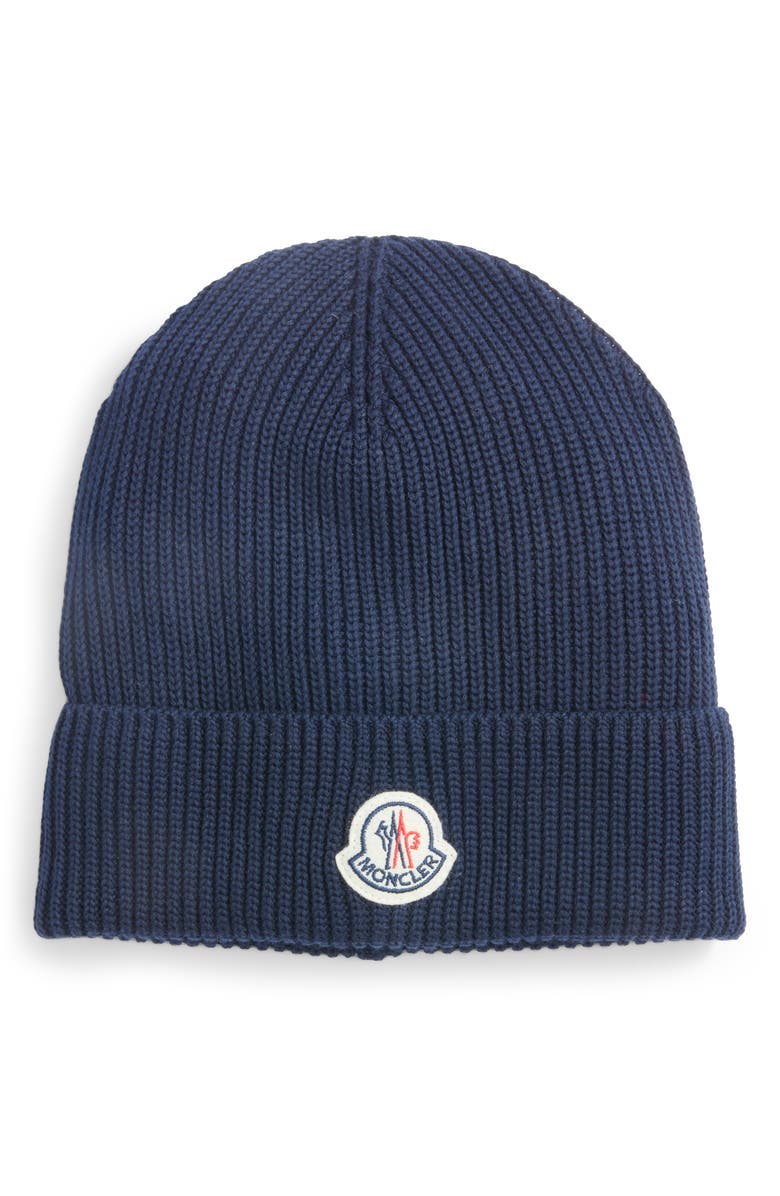 Moncler Logo Patch Cotton Rib Beanie, Main, color,