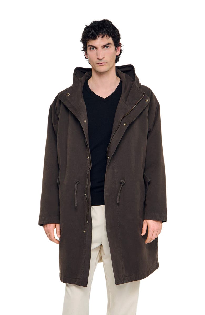 SANDRO Oversized cotton and wool parka, Main, color, Dark Taupe