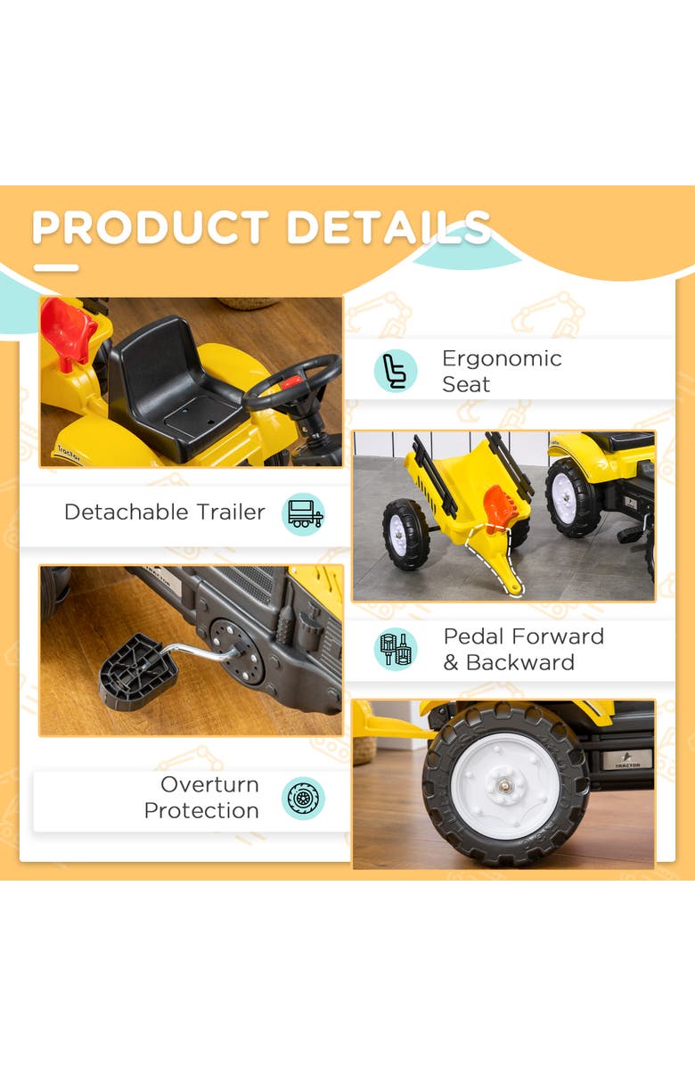 Aosom Kids Ride on Farm Tractor with Trailer, Tools, Horn, Alternate, color, Yellow