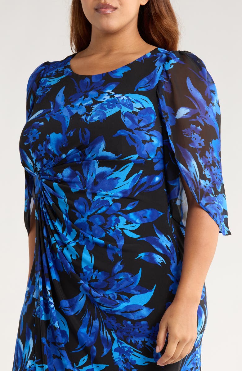 Connected Apparel Floral Cape Sleeve Dress, Alternate, color, Saphire