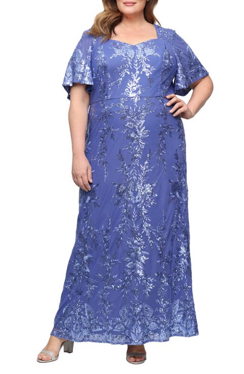 Sequin Embroidered Mesh Gown (Plus)