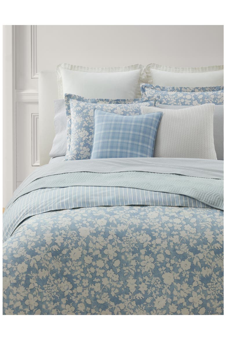 Heather Floral & Stripe Reversible Cotton Comforter & Sham Set, Main, color, BLUE