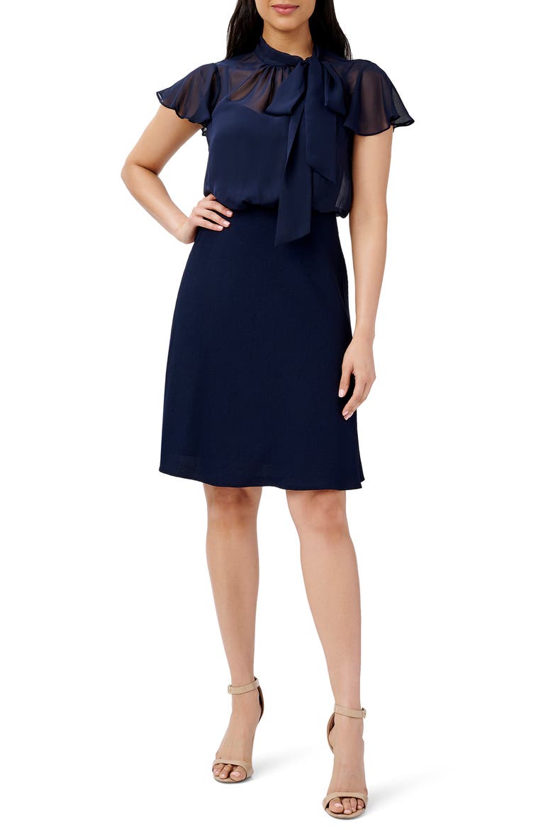 Bow Neck Crepe Chiffon Dress, Main, color, MIDNIGHT