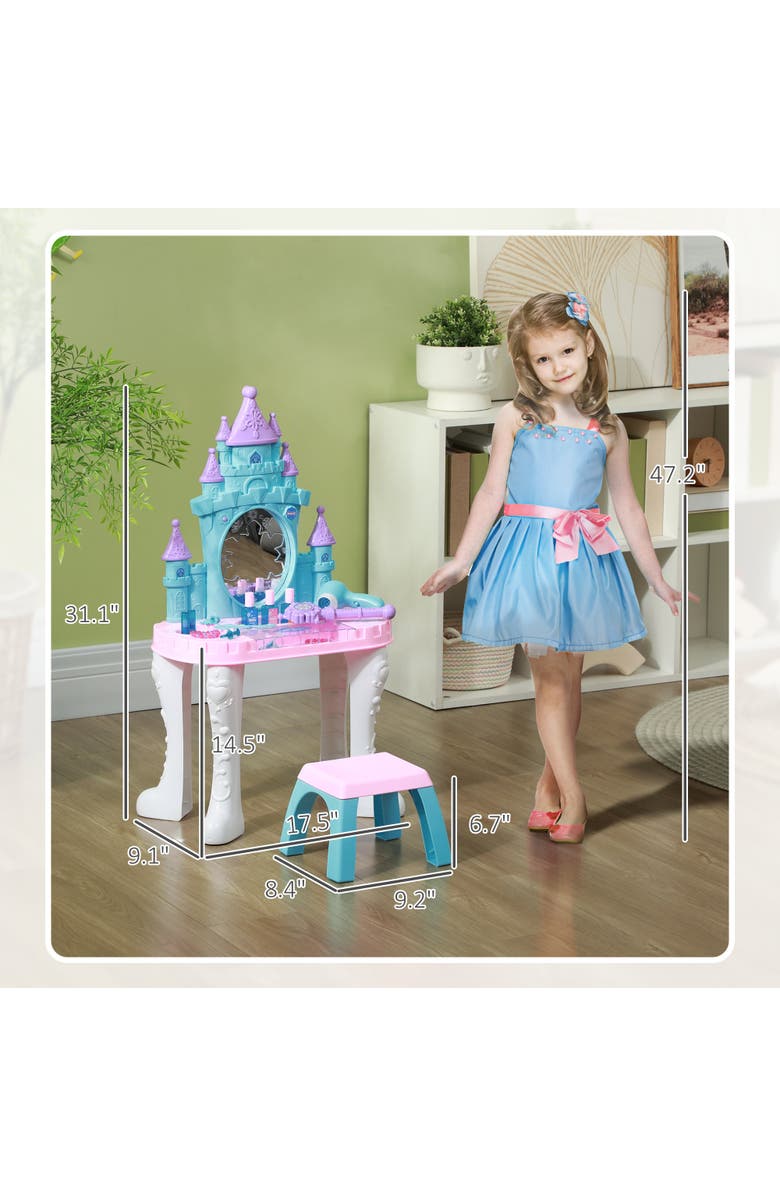 Qaba Kids Vanity Set, Mirror, Stool, Castle Design, Light, Music, Hair Dryer, Alternate, color, Multicolor