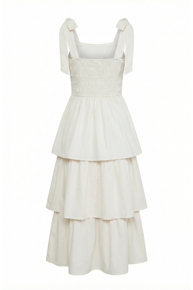 Tiered Smocked Bow-Tie Strap Midi Dress, Alternate, color, Cream