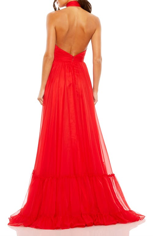 Mac Duggal Asymmetrical Halter Neck Tiered A Line Gown In Red