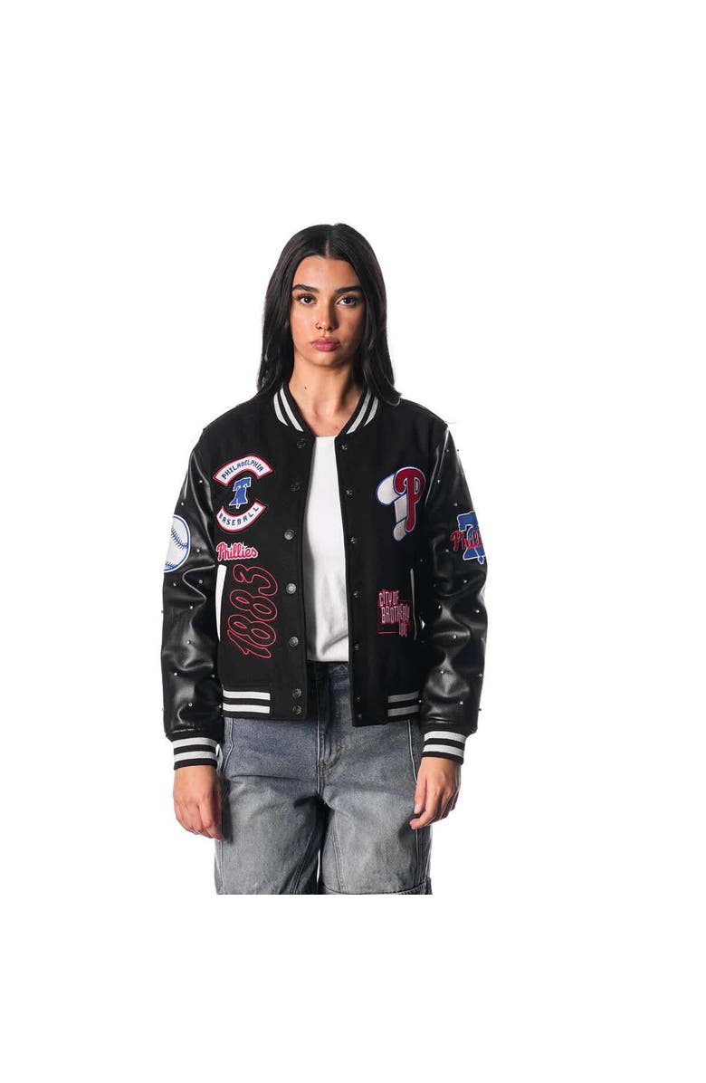 THE WILD COLLECTIVE Women's The Wild Collective Black Philadelphia Phillies Full-Snap Varsity Jacket, Main, color, 