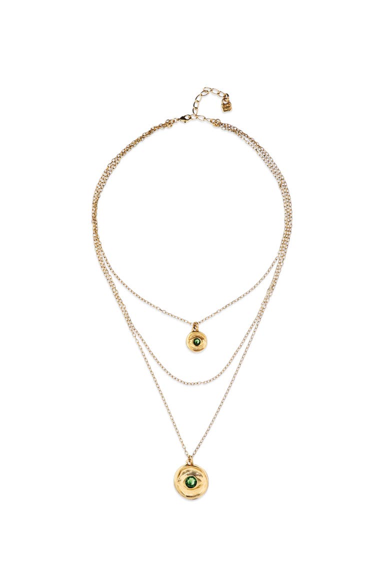 Triple Necklace Plated in 18K Gold with 2 Eye Charms and Green Faceted Crystal, Main, color, Gold