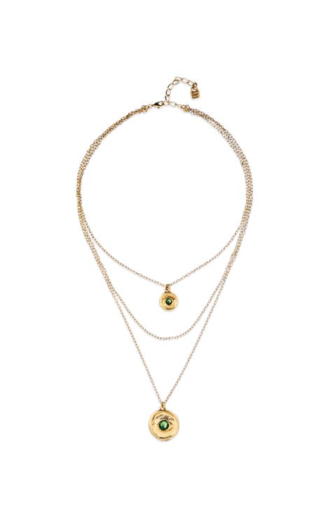 Triple Necklace Plated in 18K Gold with 2 Eye Charms and Green Faceted Crystal