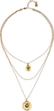 UNODE50 Triple Necklace Plated in 18K Gold with 2 Eye Charms and Green Faceted Crystal