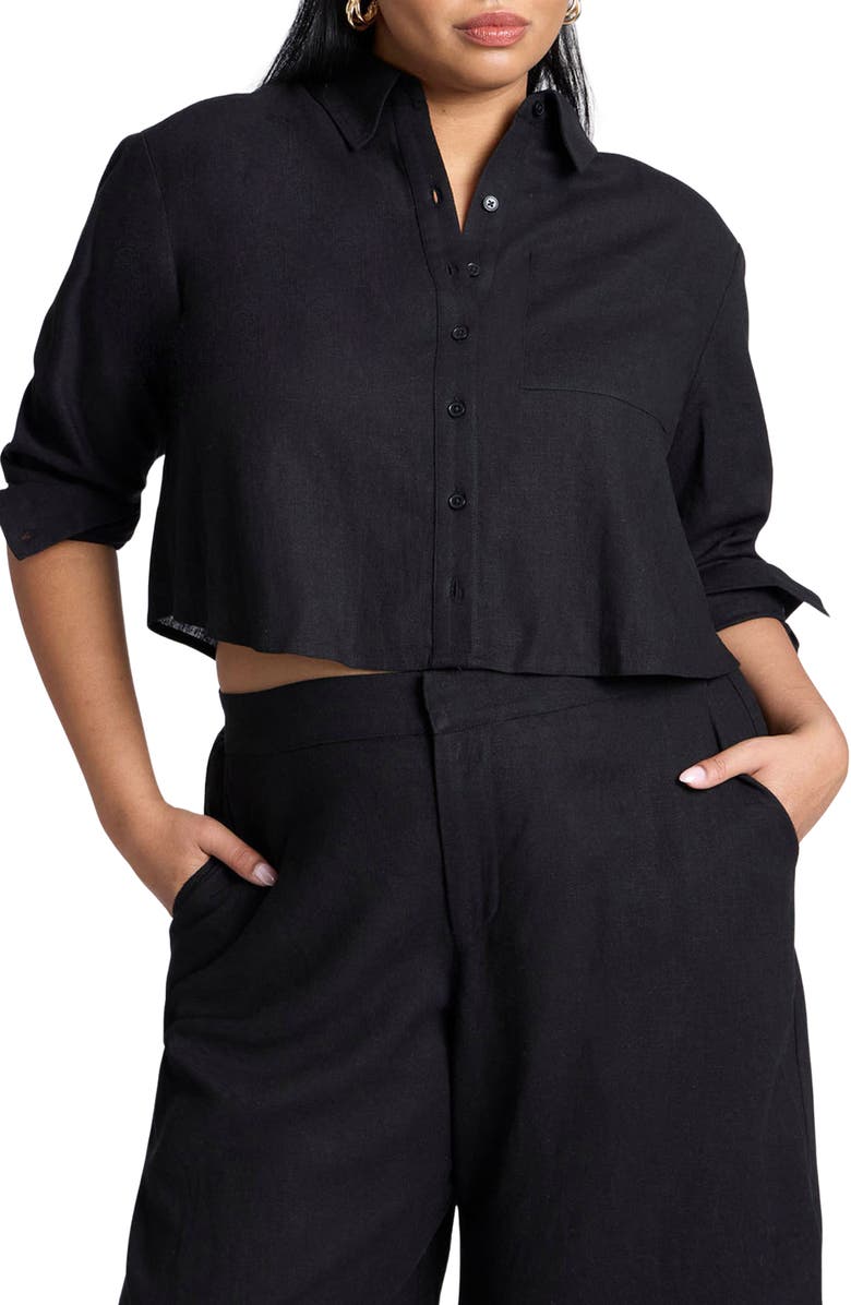 ELOQUII Boxy Crop Linen Blend Button-Up Shirt, Main, color, 