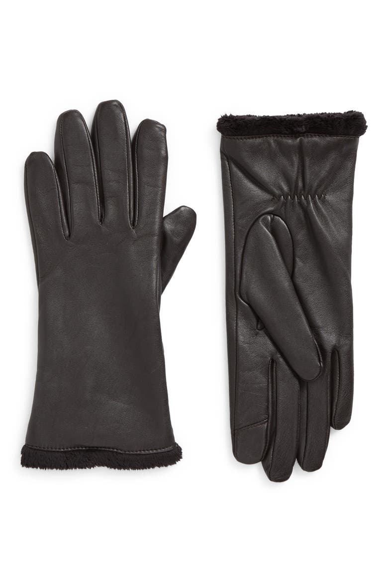 Faux Fur Lined Tech Leather Gloves, Main, color, BROWN