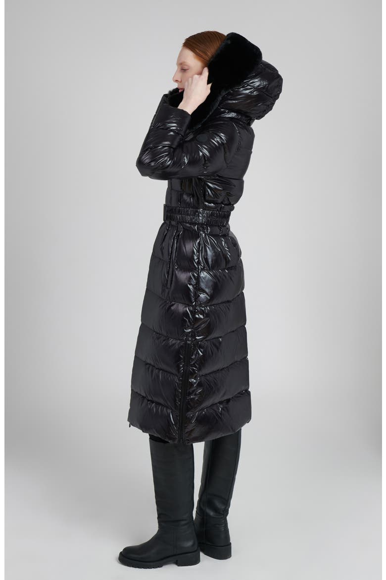 Lexi Water Resistant Hooded Nylon Down Puffer Coat with Faux Fur Trim, Alternate, color, BLACK