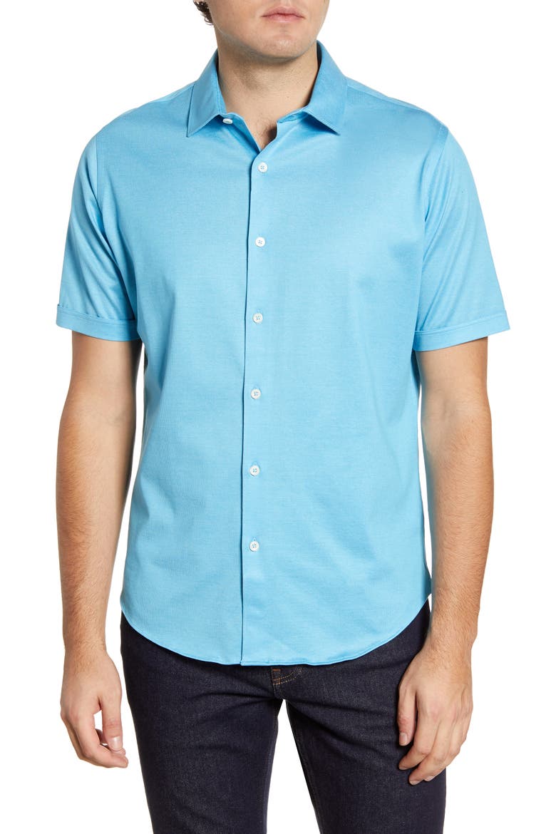 Knit Short Sleeve Button-Up Shirt, Main, color, WASHED BLUE