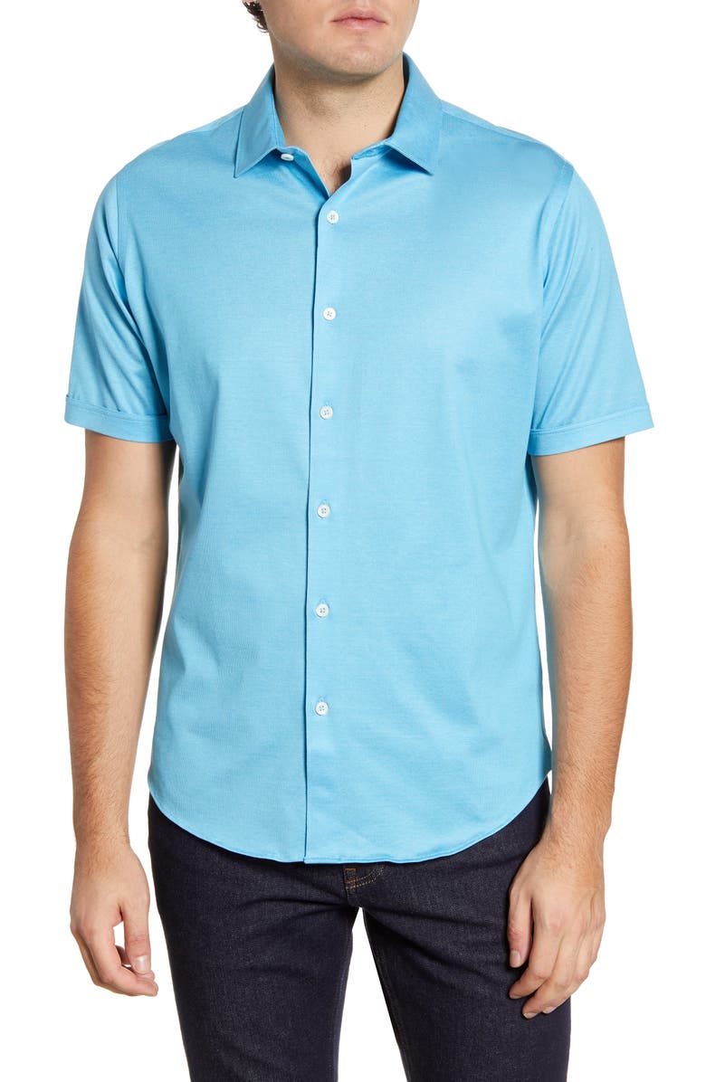 Bugatchi Knit Short Sleeve Button-Up Shirt, Main, color, Washed Blue