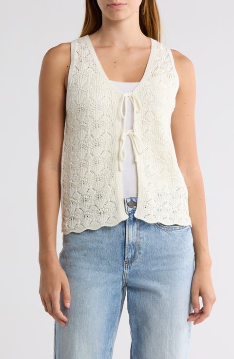 Tie Front Pointelle Sweater Vest