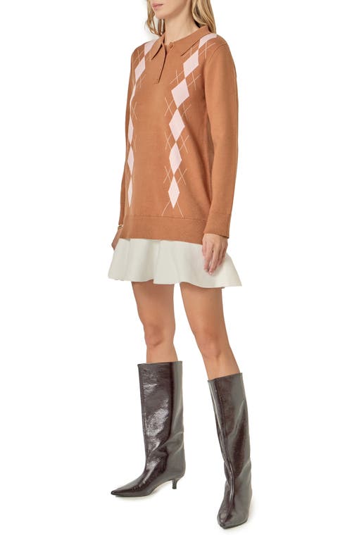 English Factory Argyle Long Sleeve Knit Minidress In Brown
